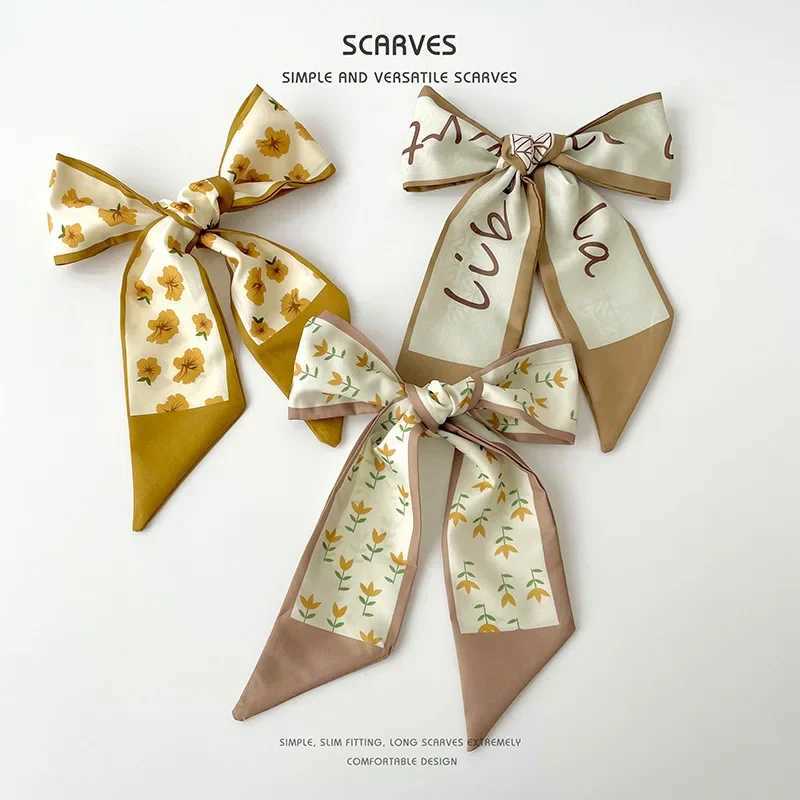 2024 New Silk Scarf Hair Strap Long Ribbon Bow Korean Printed Letter Hair Scarf Womens Ponytail Hair Clip Accessories W250107