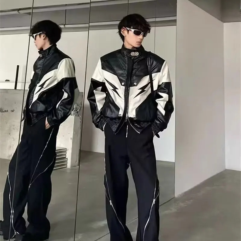 Y2k American Leather Jacket Hip Hop Jackets for Men Harajuku Fashion Pu Motorcycle Racing Suit Hiphop Trendy Coats 250107