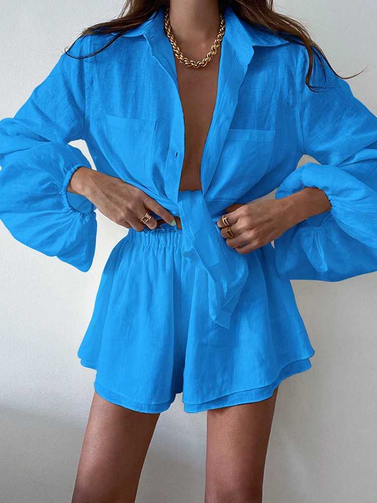 2024 Women Spring Summer Bohemian Shorts Sets Solid White Loose Fit Outfits Blouse Suit 2 Two Piece Set For WomenXJ250106