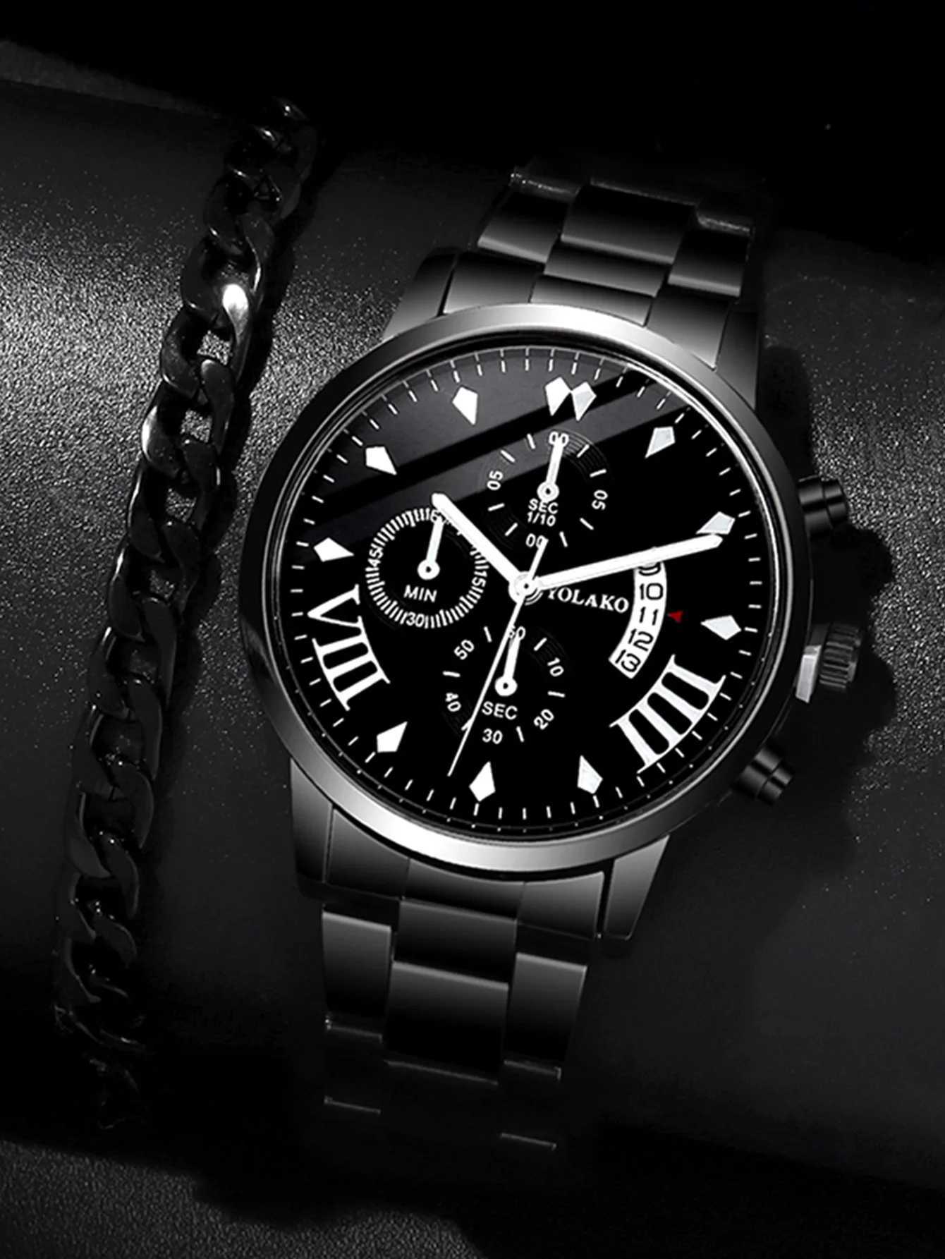 2pcs Fashion Business Calendar Mens Round Roman Scale Steel Band Quartz Watch with Trendy Chain Bracelet SetX250107