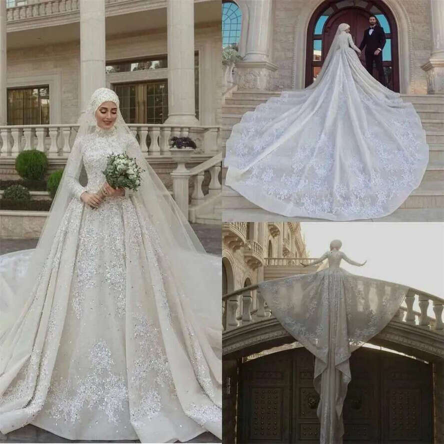 Muslim Crystal Wedding Dresses With Hijab Plus Size Lace Bridal Gowns Long Sleeves High Neck Sweep Train Middle East Vestido De Novia