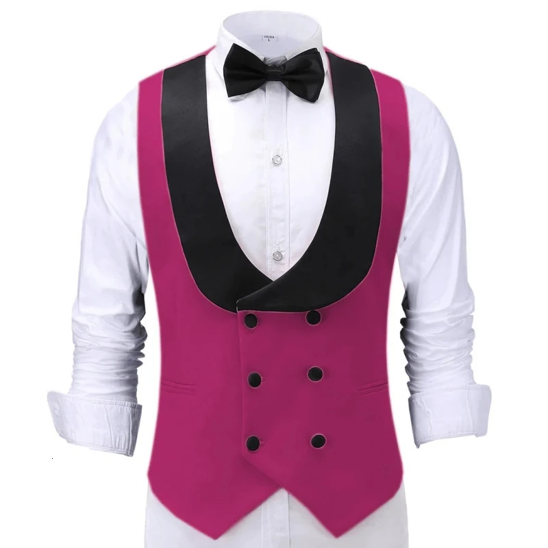 Men Vest Beige With Black Lapel Double Button Waistcoat For Banquet Birthday Wedding Business Work Formal Set Suit 250107