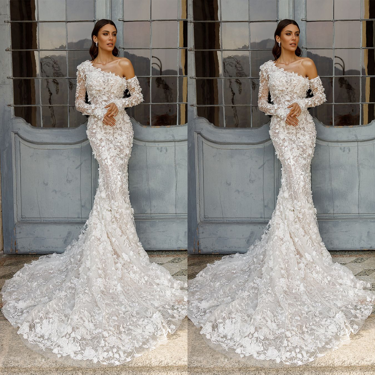 Elegant Wedding Dress One Shoulder Mermaid Bridal Gowns Flowers Long Sleeves Lace Appliques Bride Dresses Backless Customized Vestido de novia