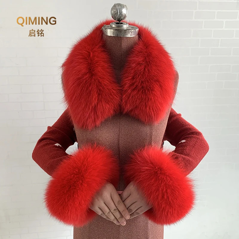Real Fur Collar Fur Cuffs Set Winter Fox Fur Scarf Neck Warmer Women Coat Decoration Natural Scarves Thick Shawls Wraps 250106