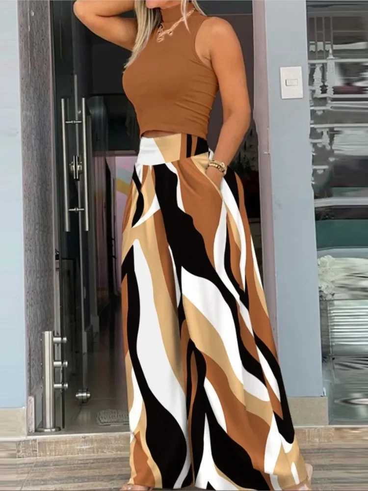 Summer Women Suit O-Neck Sveless Crop Tank Top Plants Print Wide Leg Pants Sets Fe Two Pieces Suit Set Streetwear OutfitsXJ250106