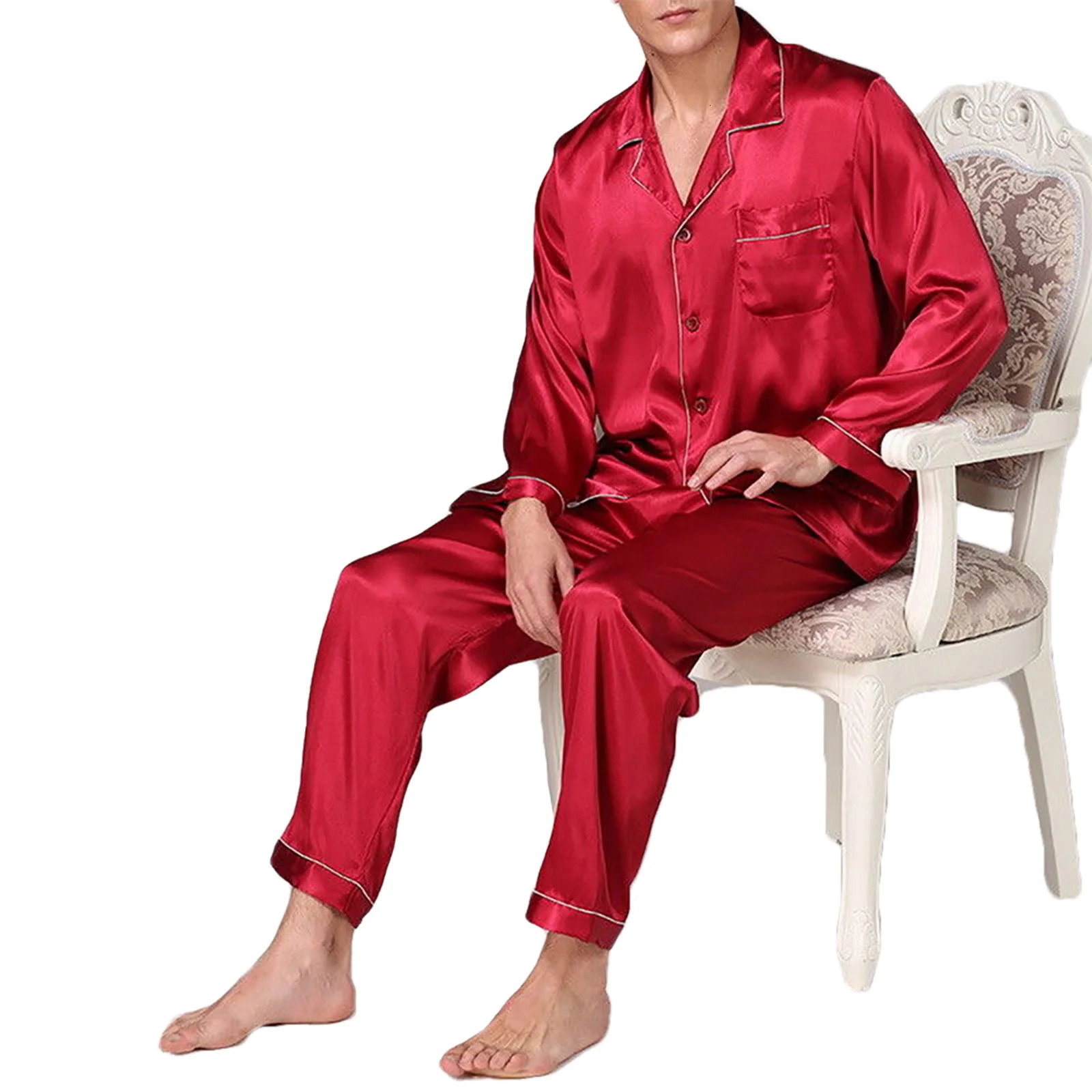 Men Silk Satin Pajamas 2Piece Set Lapel LongSleeved Top Spring And Autumn Pants Classic y Adult Home Service Suit 250103