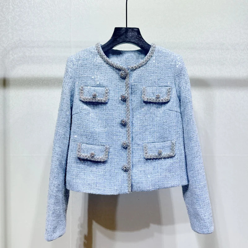 High Quality Small Fragrance Blue Coat Women O Neck Beaded Urious Shiny Long-Sleeved Office Sweet French Tweed Lady Jacket