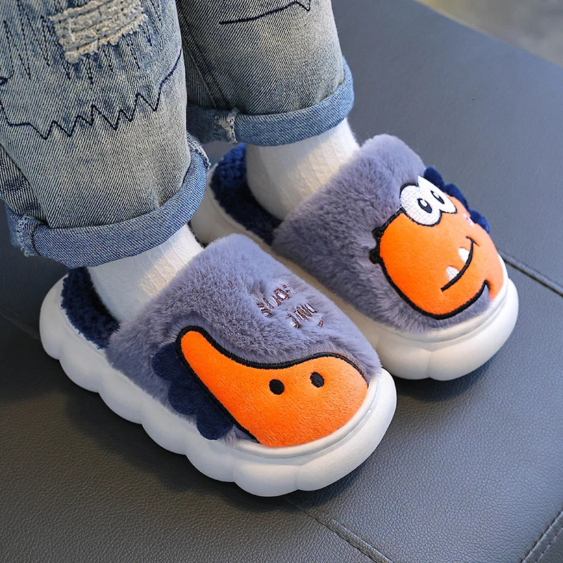Winter Cute Cartoon Dinosaur Childrens Warm Soft Non-slip Fluffy Slippers For Girls Boys Indoor Mule Kids Home Cotton Shoes 250106