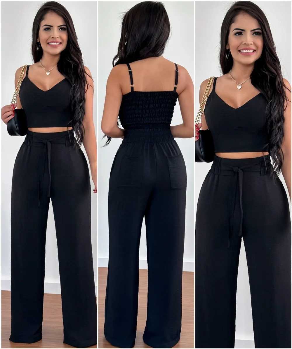 Ele Womens Tank Top+Pants 2 Piece Sets Summer Sexy High Waist Straight Leg Pants Fe Casual Suit XJ250106