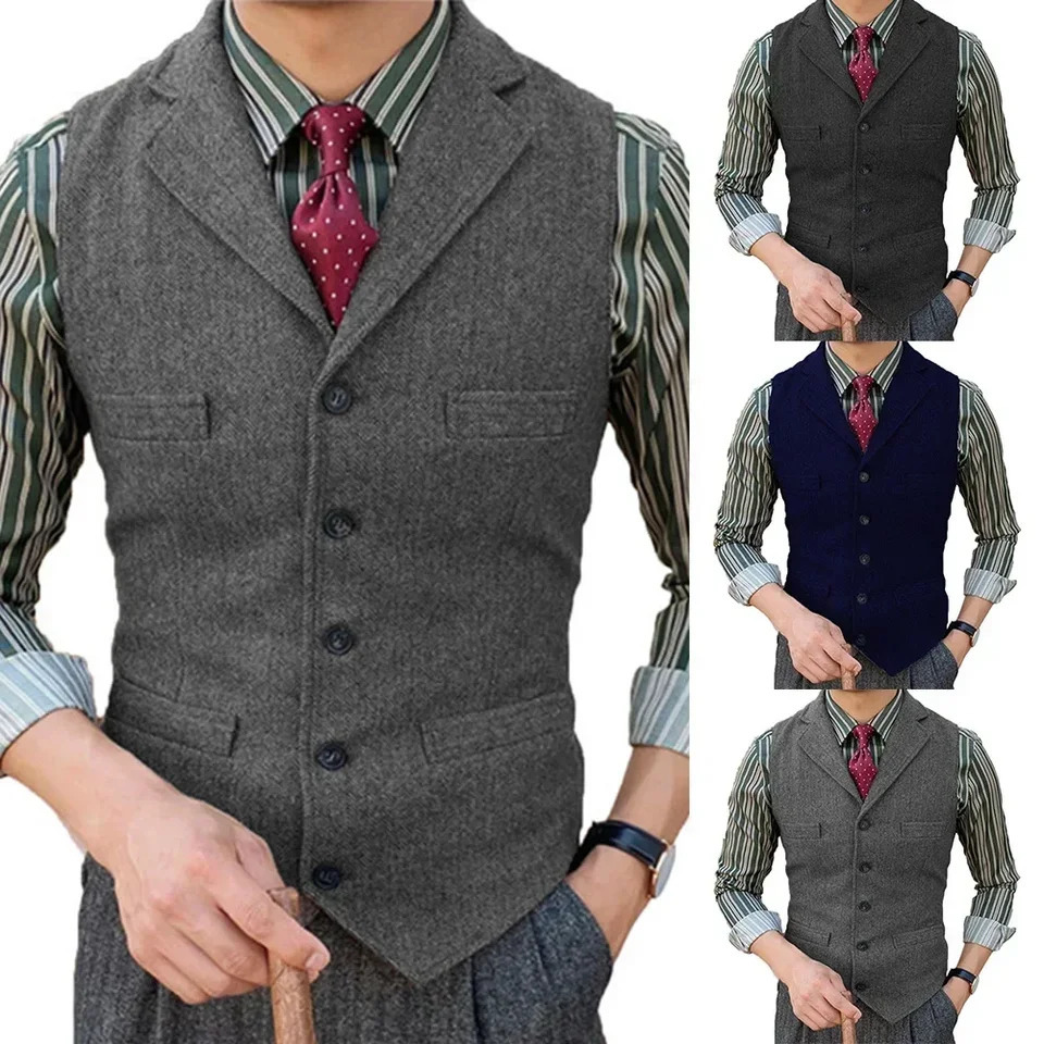 Mens Suit Vest in Vintage Herringbone Tweed Retro Style Waistcoat with Notch Lapel for Weddings or Formal Events 250107
