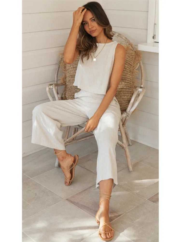 Fashion Women Solid Top Shirt 2 Piece Set New Summer Ele Casual O Neck Sveless Pants Suit Fe Office Holiday SetsXJ250106