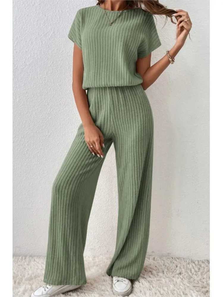 Simple Style Rib Knit Long Pants Suit Women Casual Short Sve T-shirt Loose Trousers 2 Piece Sets Summer Autumn Women SetXJ250106