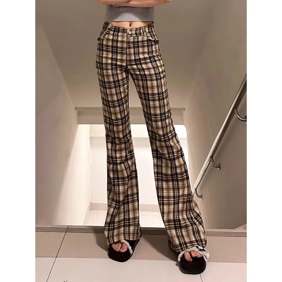 Retro Micro-flared Plaid Pants Women Style High Waisted Slim Casual Floor-Mopping Pants Trendy 250106
