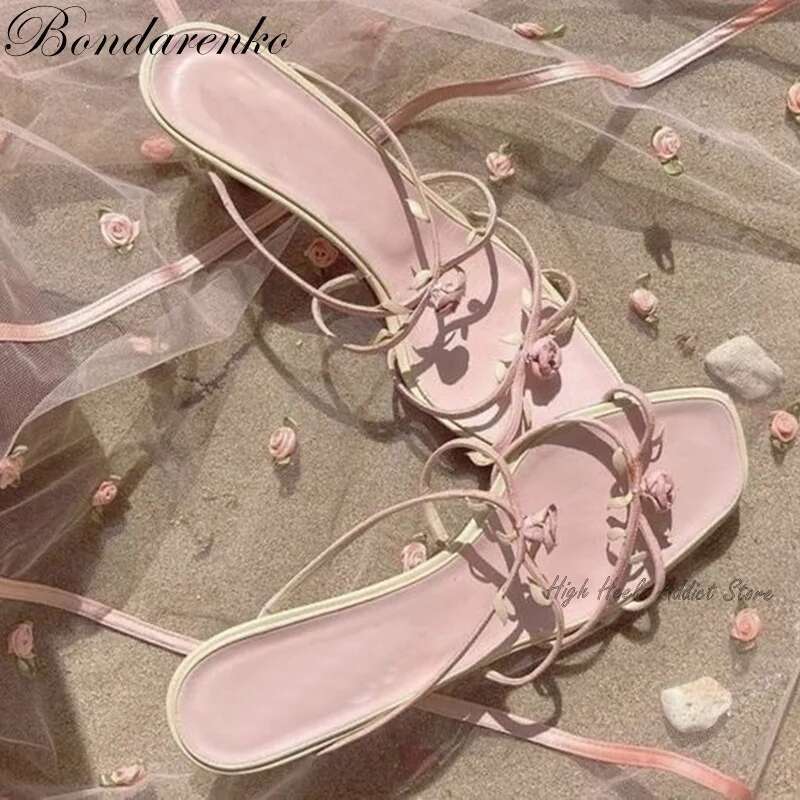 Vintage White Pink Rose Slippers Women wers Straps Low Heel Mules Sandals Designer Summer New in Party Shoes