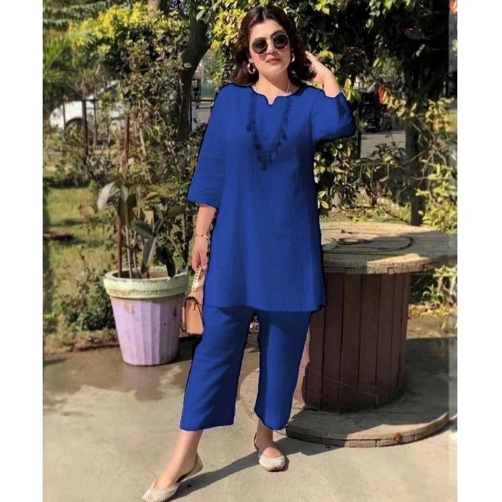 Casual Ele Womens Cotton Linen Set V-Neck Loose Side With Slit Top Wide Leg Pant Pocket Home Wear Ethnic Office Ladys SuitXJ250106