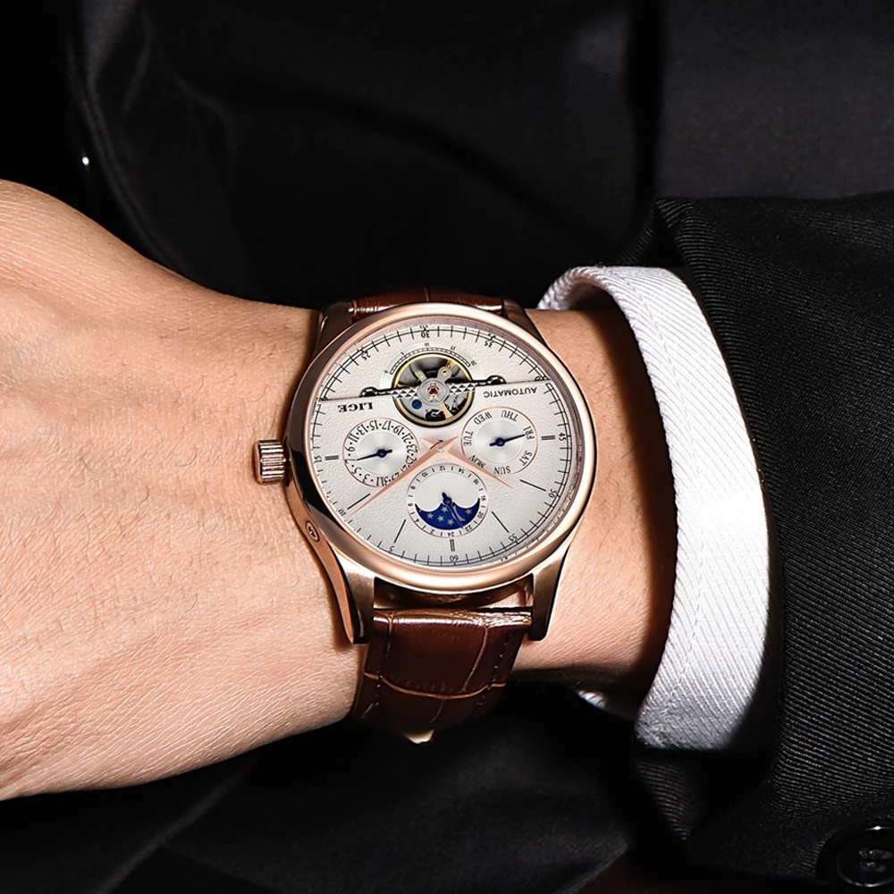 LIGE Men's Mechanical Watch Multi-function mechanical movement Calendar Week Moon Phase hour hand indicator high-quality butterfly buckle belt