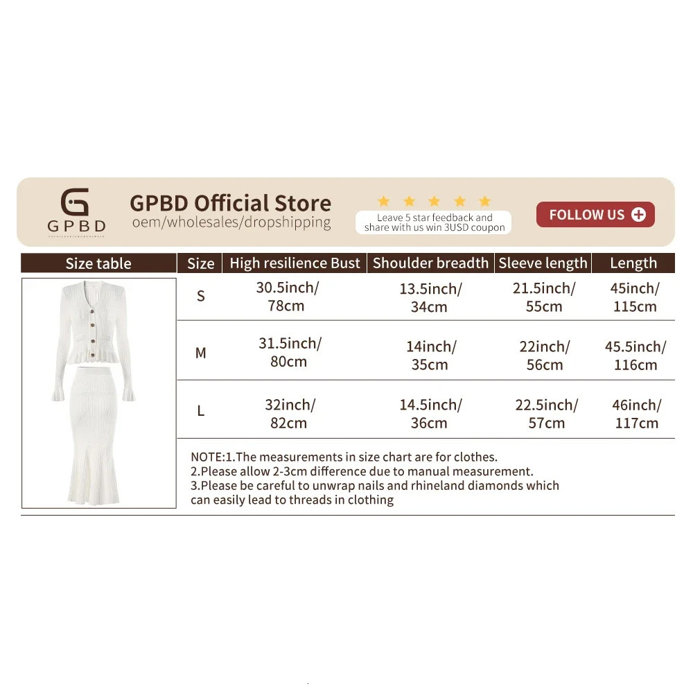 GPBD Autumn WomenS Clothing White And Black Elastic Pleated Knitted Top Mermaid Long Skirt Sexy 2-Piece Set 250106