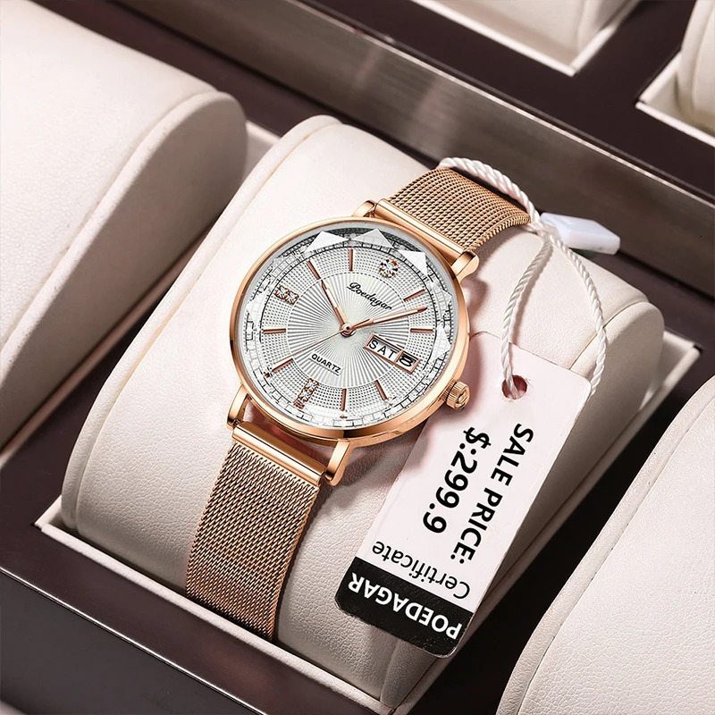 POEDAGAR Arrival Women Watch Fashion Diamond Dial Luminous Stainless Steel Ladies Quartz Watches Rose Gold 2023 241228