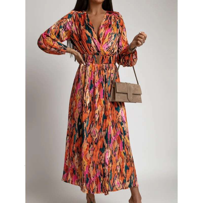 Autumn Women Ral Print Elegant Sexy Deep V-Neck High Split Belted Dress Female Vintage Boho Long Sleeve Party Robe