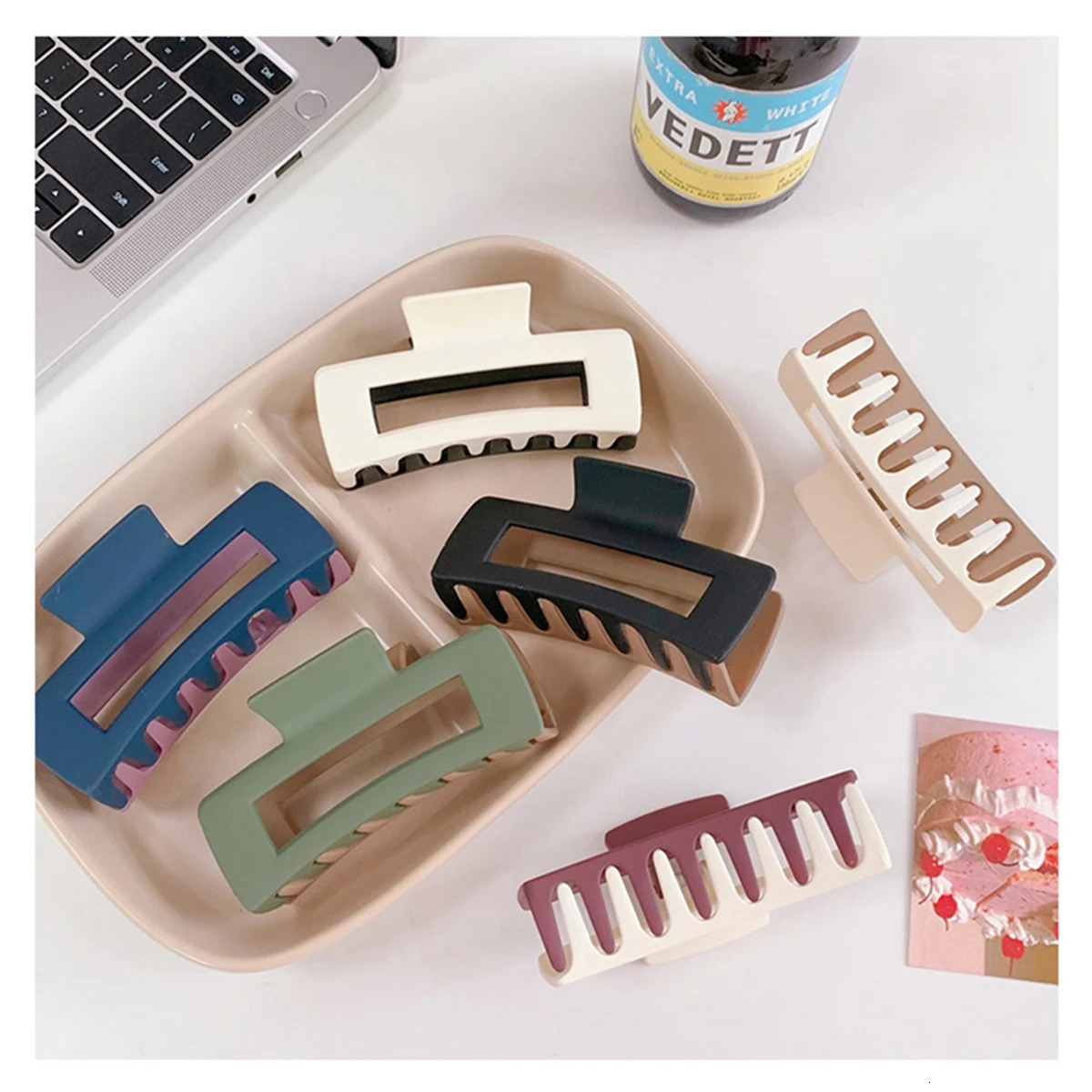 JINBUYAO 6pcs 4.1inch Large Hair Claw Clip Matte Rectangle Hair Clip Plastic Stitching Two Color Clips French Square Clip 250103