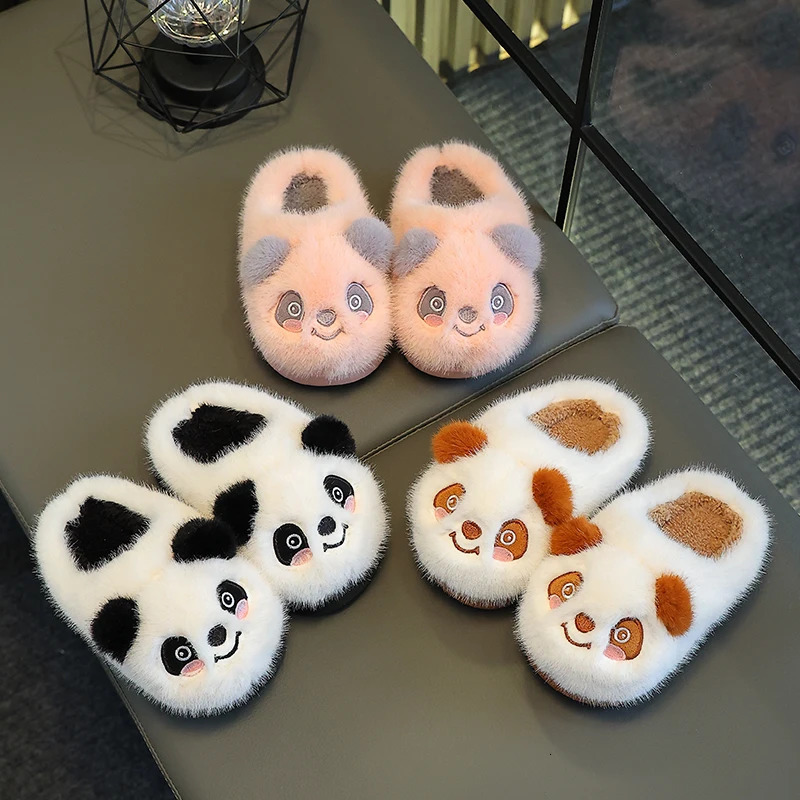 Winter Warm Cute Cartoon Panda Indoor Mule Soft Non-slip Kids Fluffy Slippers For Boys And Girls Children Home Cotton Shoes 250106