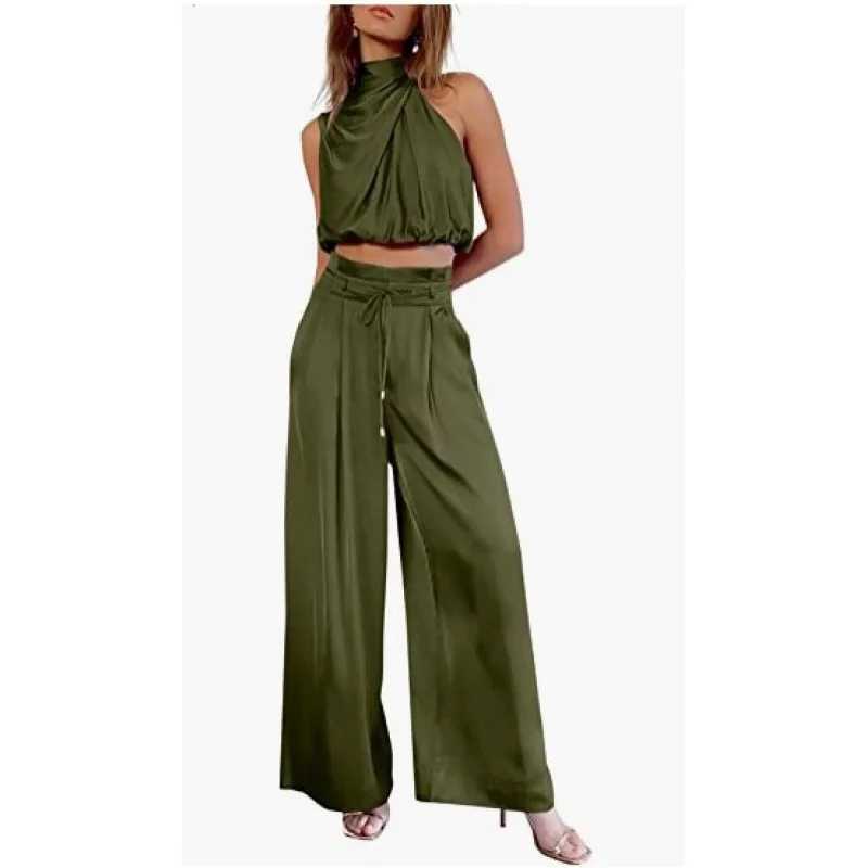 Womens Two Piece Pants Sets Open Navel Outfit Silk Pleated Texture Sveless Top Wide Leg Pants Set Summer Matching Sets 2024XJ250106