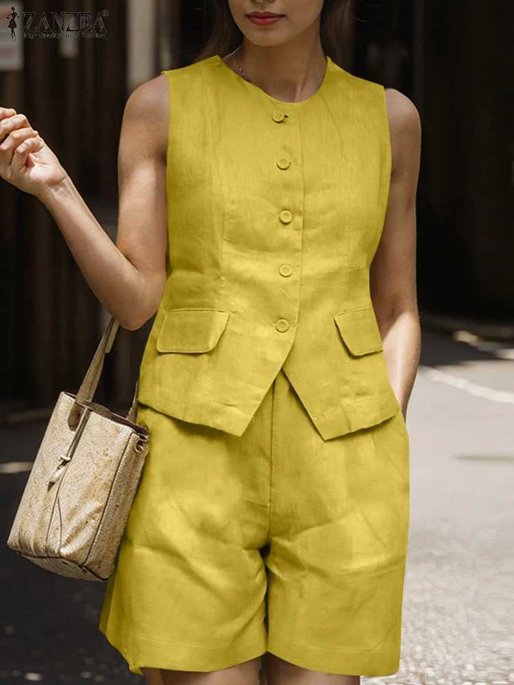 Summer Sveless Vest Outfits ZANZEA Women Office Lady Short Sets 2024 Vintage Pocket Short Suits Holiday 2PCS Matching SetsXJ250106