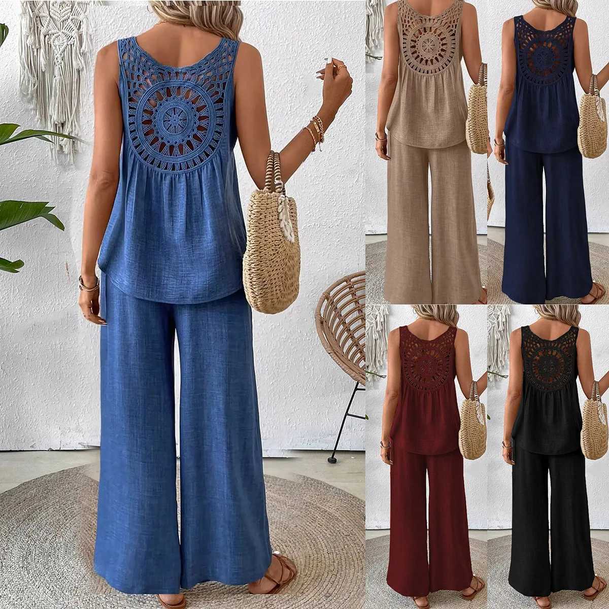 Cotton linen womens summer set fashionable sleeveless loose fitting shirt wide leg pants two-piece set womens casual setXJ250414