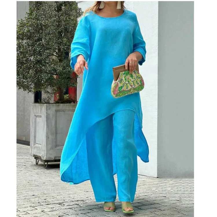 Womens Clothing Linen And Cotton Suit Long Sved Top Oversized Pants 2024 Informal Party Set Womens 2-piece SetXJ250106