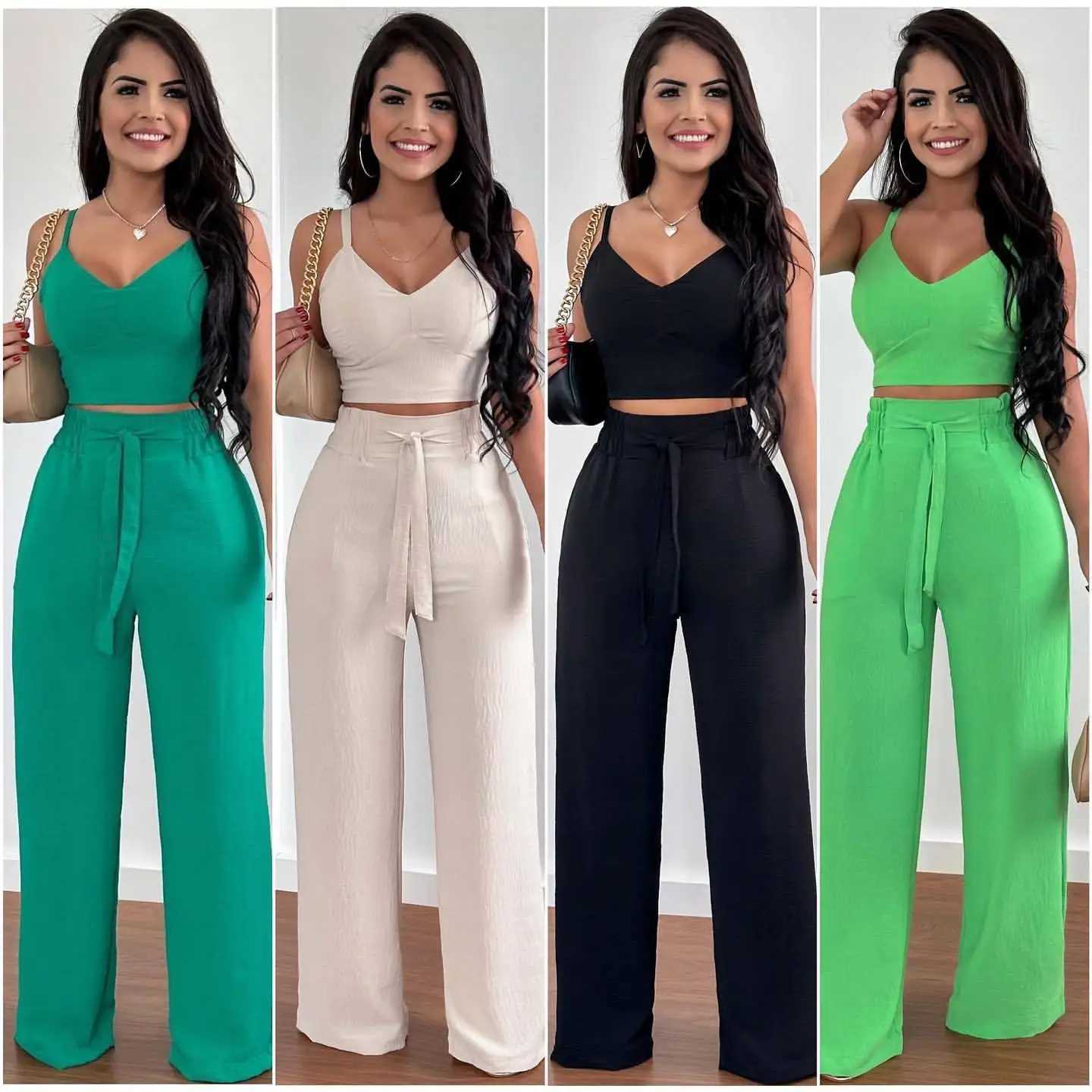 Ele Womens Tank Top+Pants 2 Piece Sets Summer Sexy High Waist Straight Leg Pants Fe Casual Suit XJ250106
