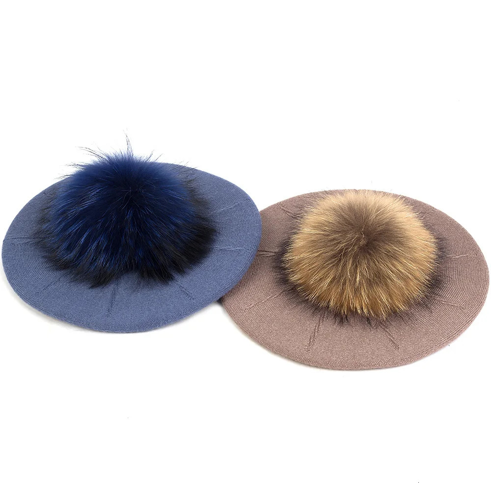 Fashion Elegant Sweet Women Beret Warm Winter Autumn Hat Lovely Ladies Party Hats Cap with 15 cm Real Fur Pompom Female Gift 250106