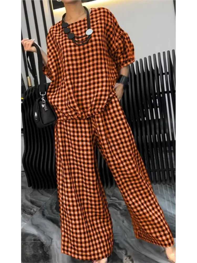 O-neck Half-sved Loose Top + Wide-leg Pants 2-piece Set Womens Fashion Spring Sets Autumn Plaid Printing Back Pull-out SuitXJ250106
