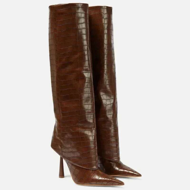 European American 2024 New High Tube Loose Pants Boot Pointed Toe Fish Pattern Slim Heels Not Below The Knee Large Women's Boots