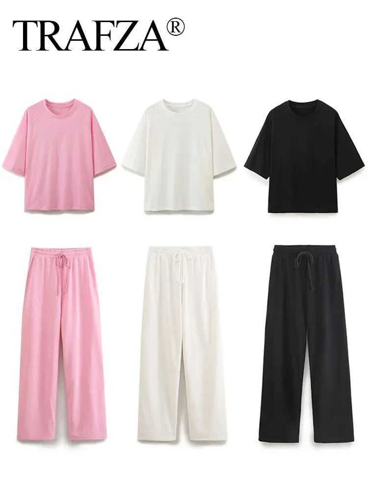 TRZA Women Casual Solid Sports Set Summer O Neck T-Shirt Loose Short Sve Tops Fe Drstring High Waist Jogging PantsXJ250106