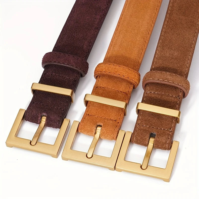 Fashionable womens double genuine leather belt with elegant denim suede fashionable square alloy buckle suitable for dresses and jeans 250106