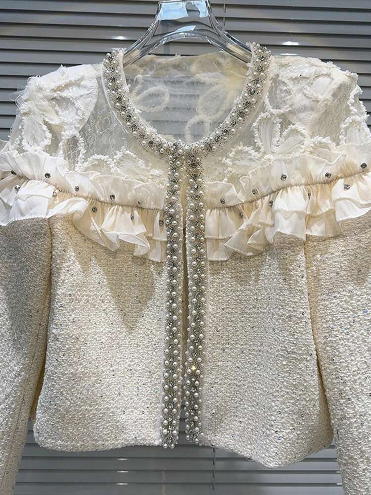 DEAT Trendy Women's Beading Edge Spliced Mesh Wer Tweed Coat 2024 Autumn Fashion New O-Neck Long Sleeve Jacket Female 11A0973