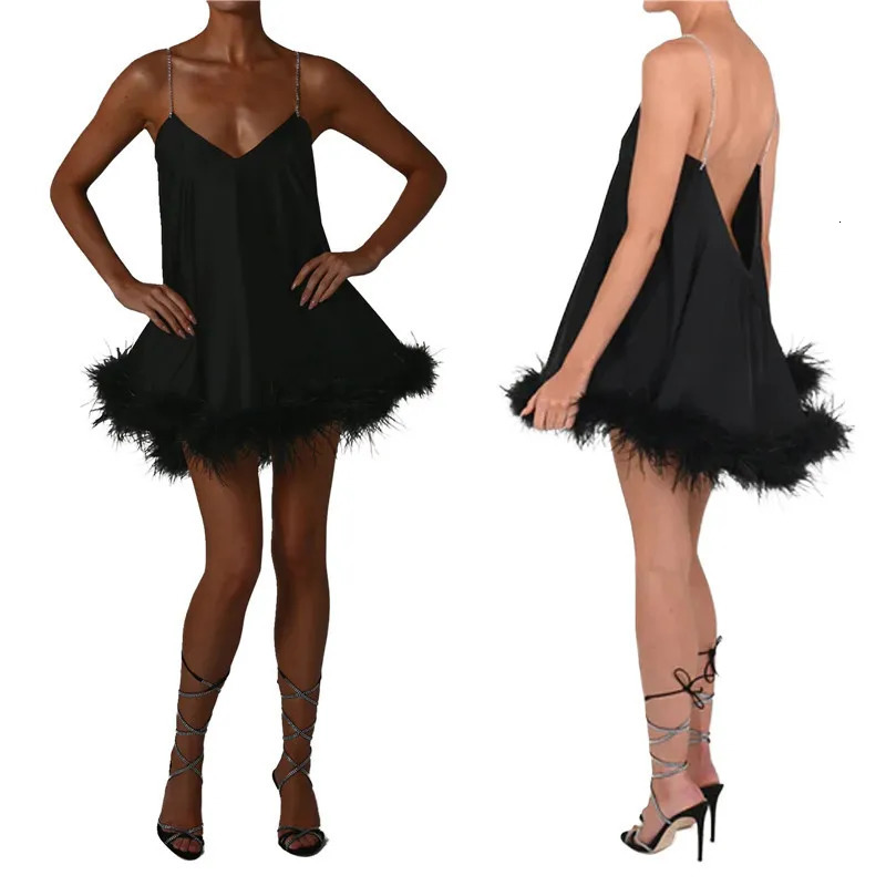 Women Spaghetti Strap Mini Dress with Diamond Straps Fur Trim Bodycon Short Sexy Feather Slip Cocktail Club Party 250103