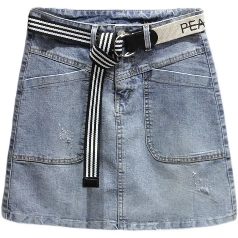 trend High Waist Simplicity Aline skirt Autumn Casual Korean Buttons belt Slim Denim women clothes Allmatch 250106