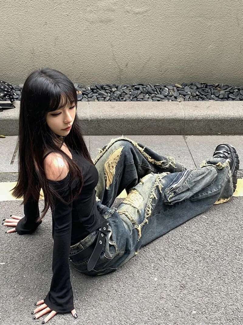 Y2k Ripped Tassel Washed Baggy Woman Retro Street Hip-Hop Loose Old Fashion Casual High Waist Wide Leg Jeans