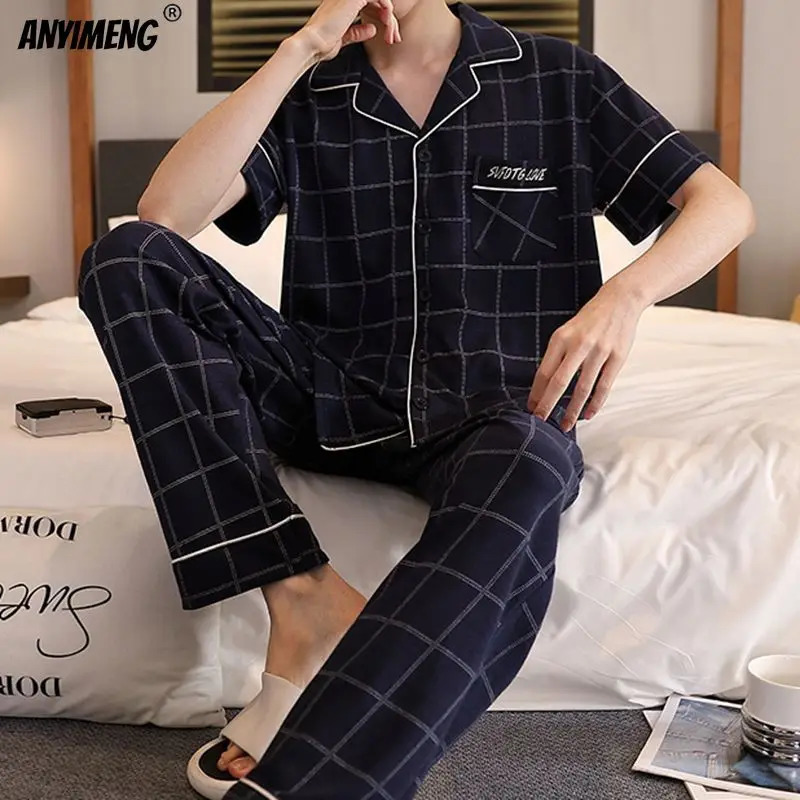 L5XL Plus Size y Mens Sleepwear Summer Short Sleeves Turndown Collar Pajamas Set Gentleman Homewear Casual Cotton Pijamas 250103