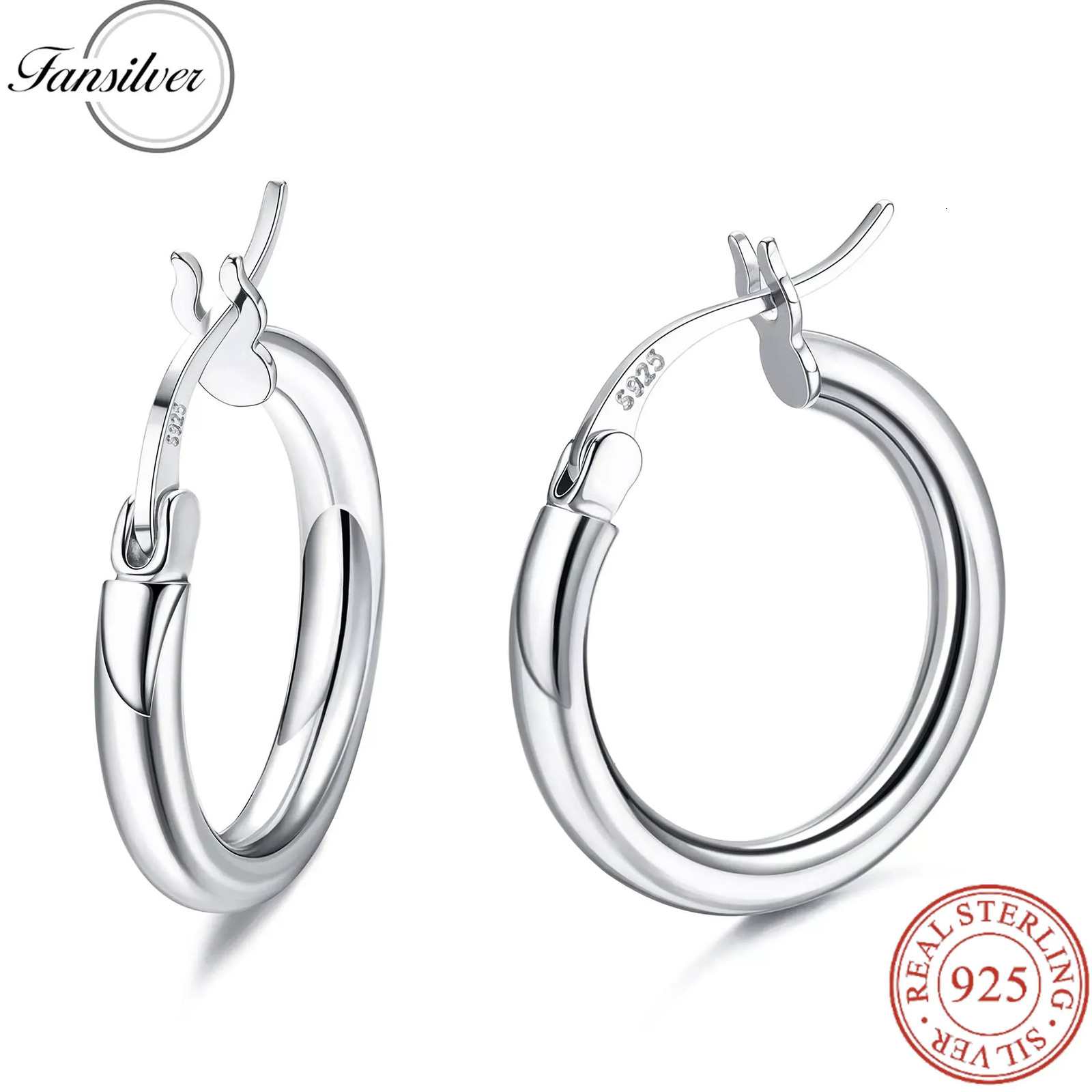 Fansilver 925 Sterling Silver Hoop Earrings for Women Girls 18K White Gold Plated Hypoallergenic Round-Tube Chunky Ear Rings250103