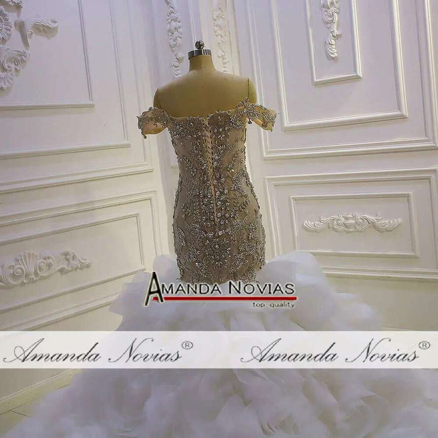 Champagne Full Beading Off The Shoulder V-Neck Ruffles Mermaid Wedding Dress
