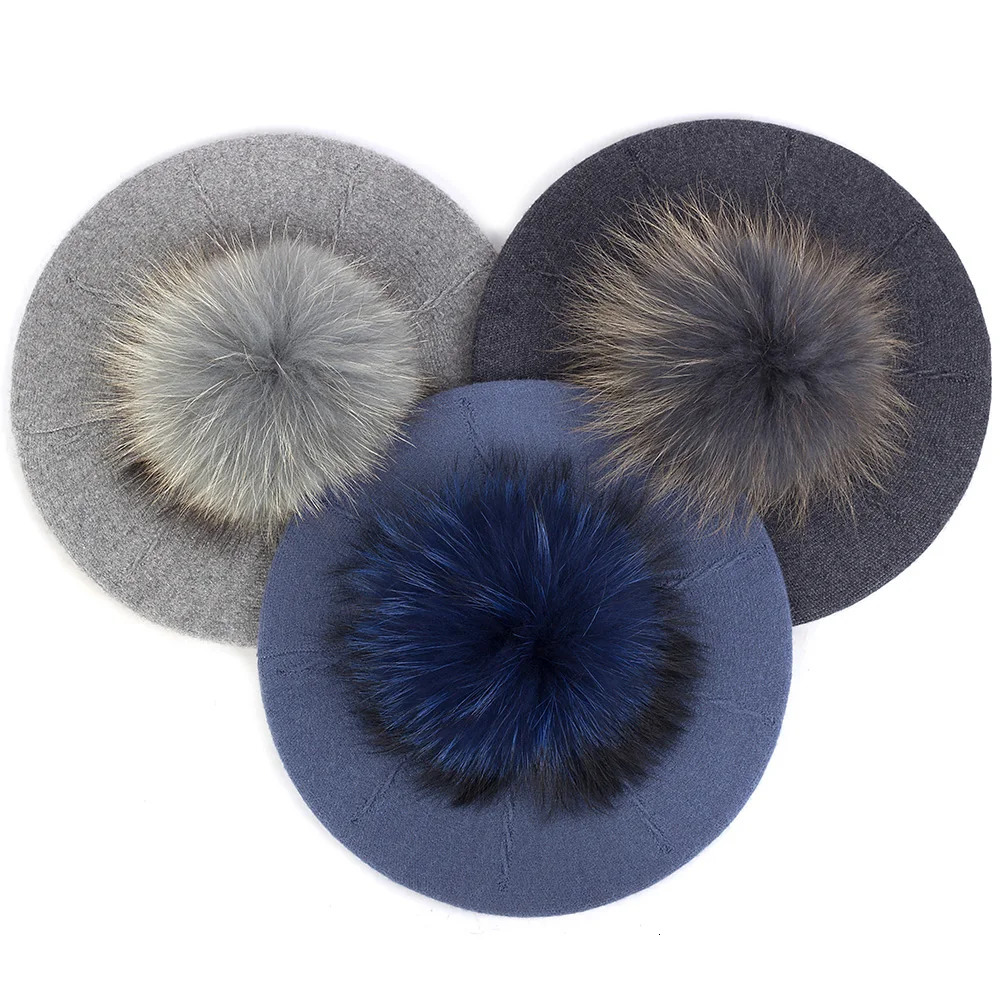 Fashion Elegant Sweet Women Beret Warm Winter Autumn Hat Lovely Ladies Party Hats Cap with 15 cm Real Fur Pompom Female Gift 250106