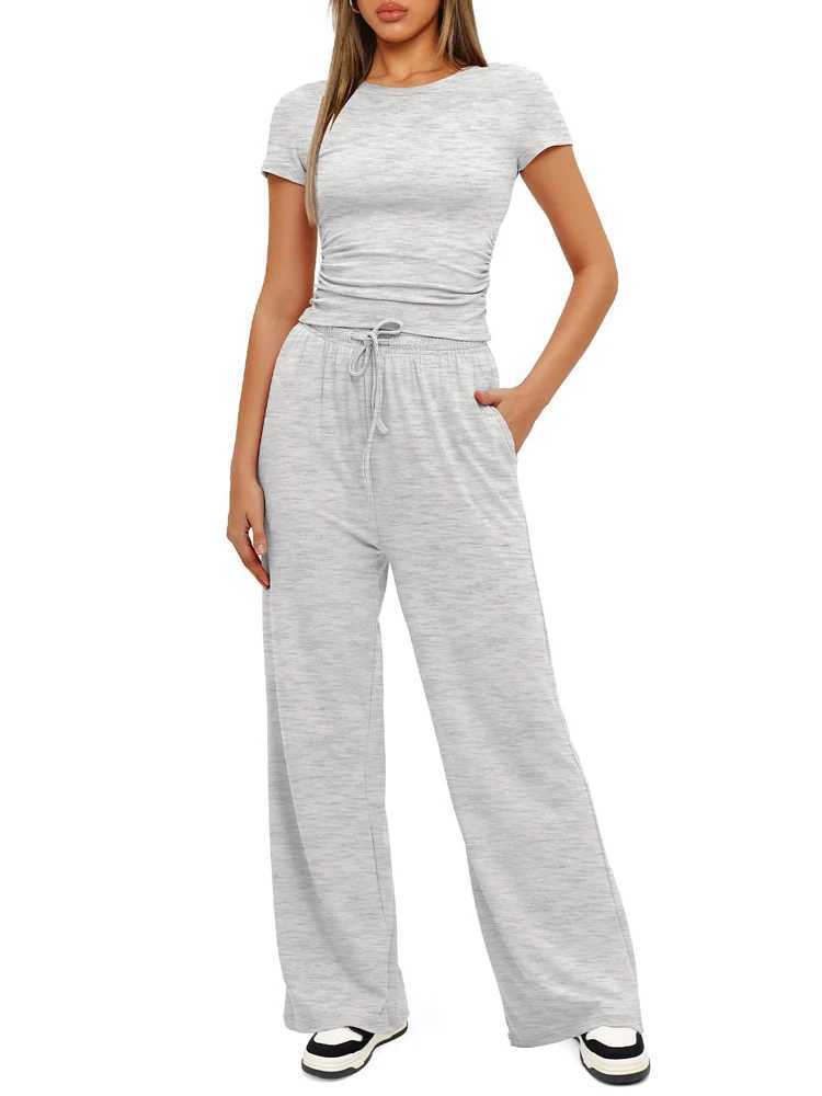 Summer Solid Loose Casual Tracksuit Womens Two Pieces Set O Neck Short Sves T-shirts and Wide Leg Pants Sets Sportswear SetXJ250106