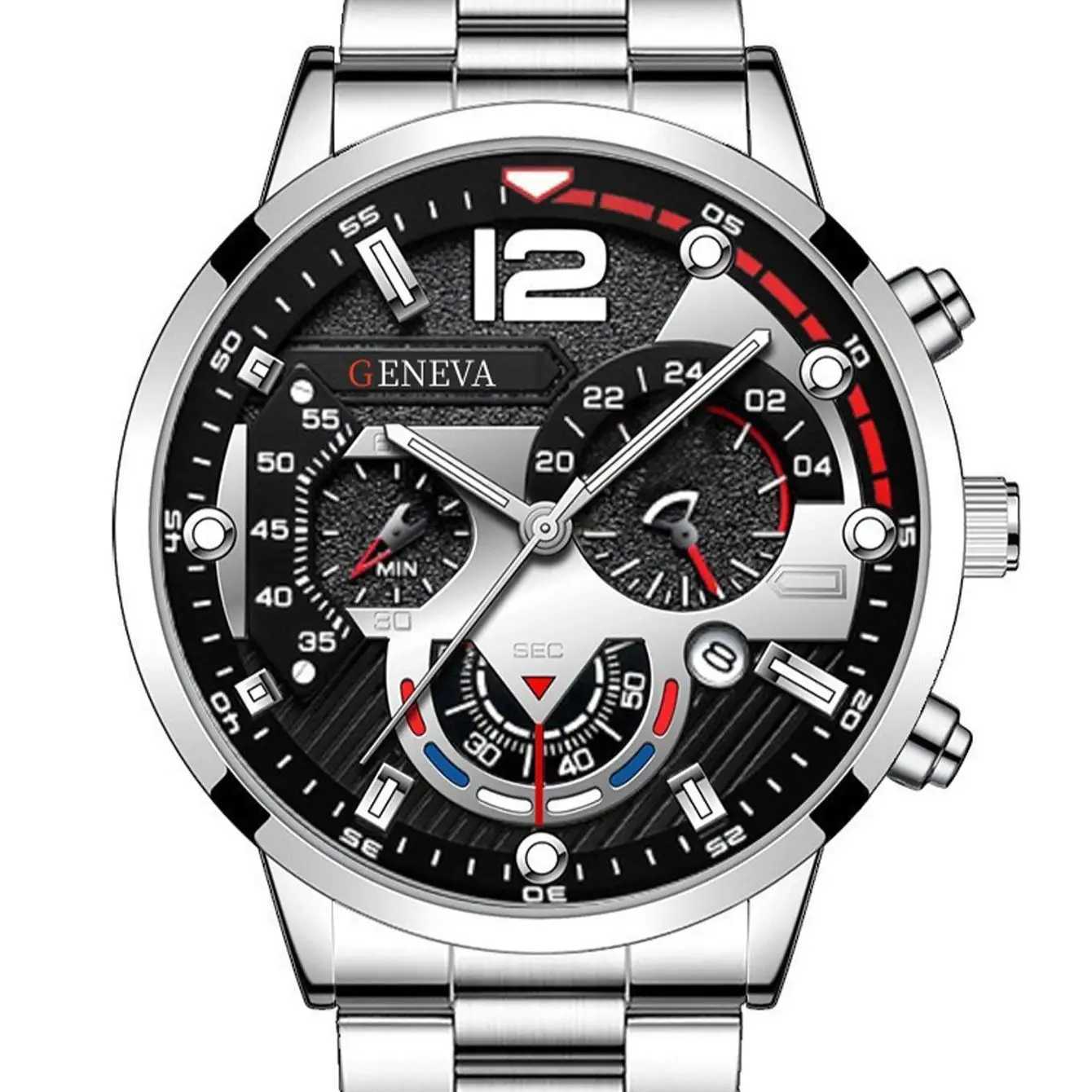 3pcs Business style Silver White Mechanical design mens alloy quartz watch with calendar and alloy Cuba necklace bracelet setX250107