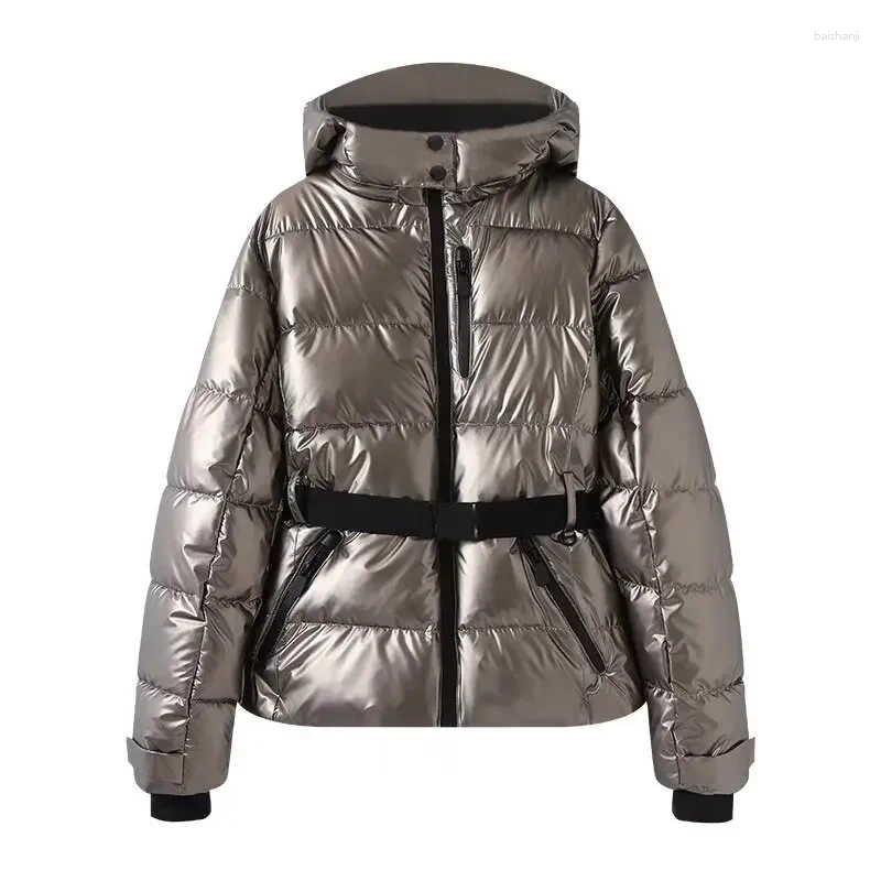Women's Jackets Fashion Hooded Padded Coat With Belt Women Slim Standing Collar Full Sleeve Pocket Winter Ladies Windproof Warm Ski Jacket