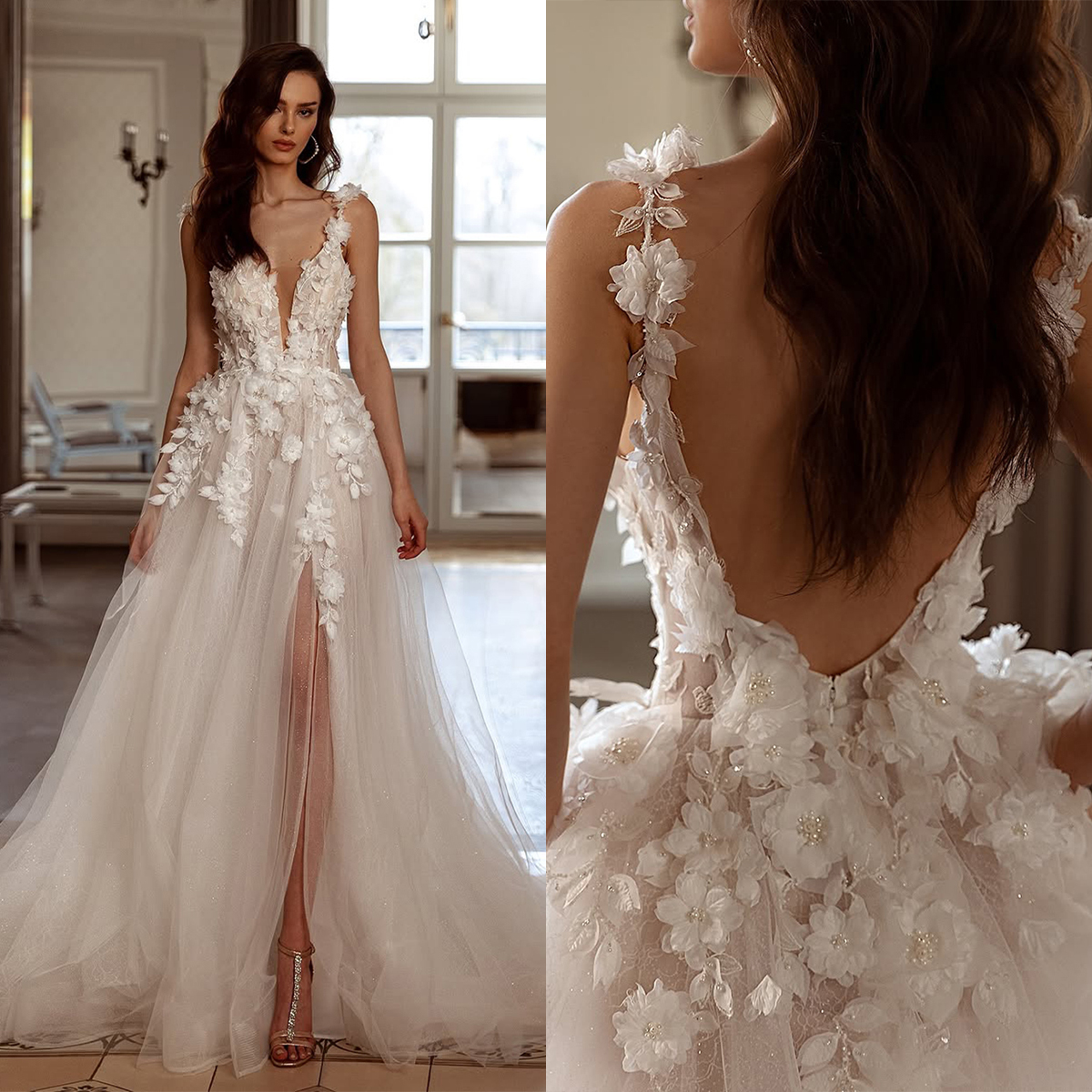 Fancy Wedding Dress Appliques 3D Flowers Beach Bridal Dresses Spaghetti Straps A Line Princess Backless Sweep Train Bride Gowns Plus Size Custom Made