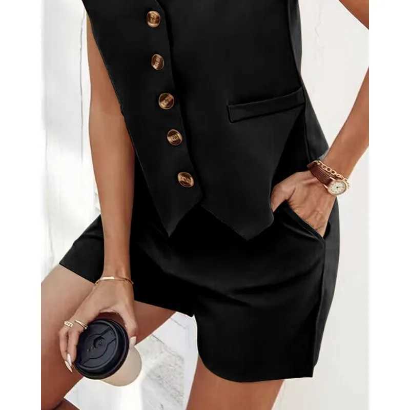 2024 Spring Summer New Womens Clothing Solid Color Short Vest Single-Breasted Contrast Color Shorts SuitXJ250106