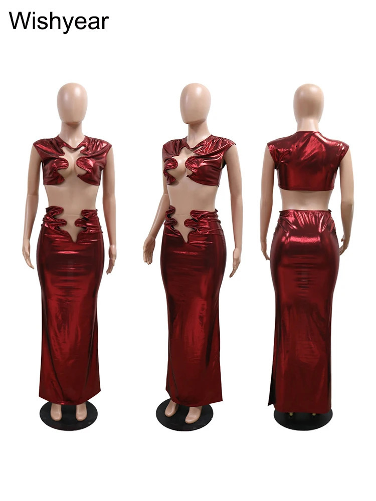 Sexy Ruched Crop Top and Pencil Skirt Set Women Night Club Hollow Out 2 Pieces Elegant Birthday Evening Prom Party Outfits 250106