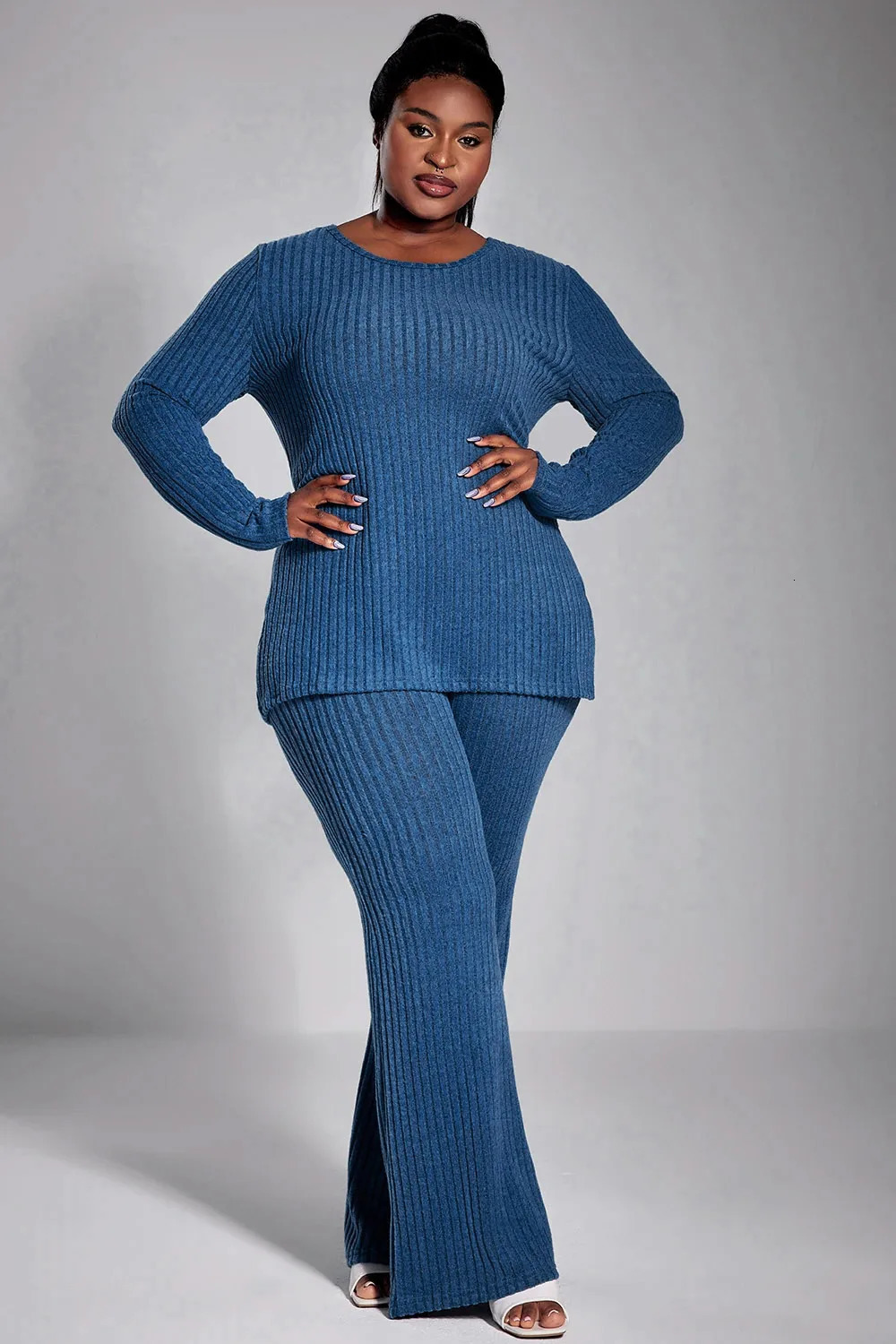 Plus Size Fall Winter Casual Pant Set Royal Blue Solid Color Slim Fit Knitted Round Neck Top Two Piece 250106